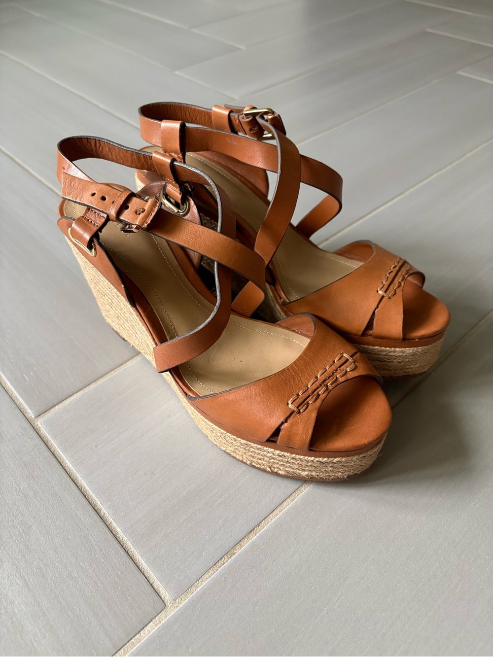 Massimo Dutti Tan Leather Espadrille Wedge Sandals